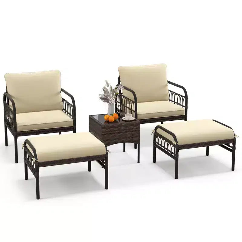 Costway 5 PCS Patio Conversation Set Outdoor Wicker Chair Set with Ottomans & Coffee Table