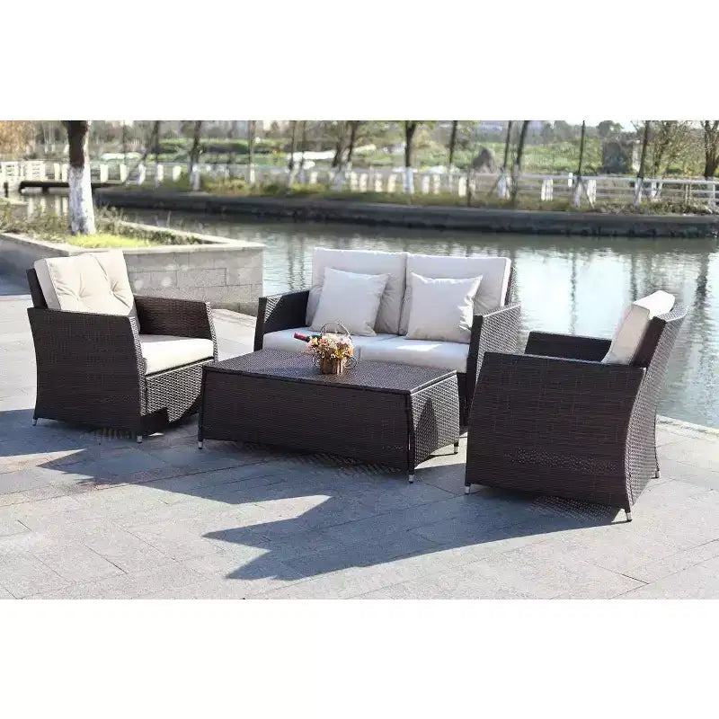 Parry 4 Piece Living Set - Indoor/Outdoor - PAT2514 - Brown/Beige - Safavieh