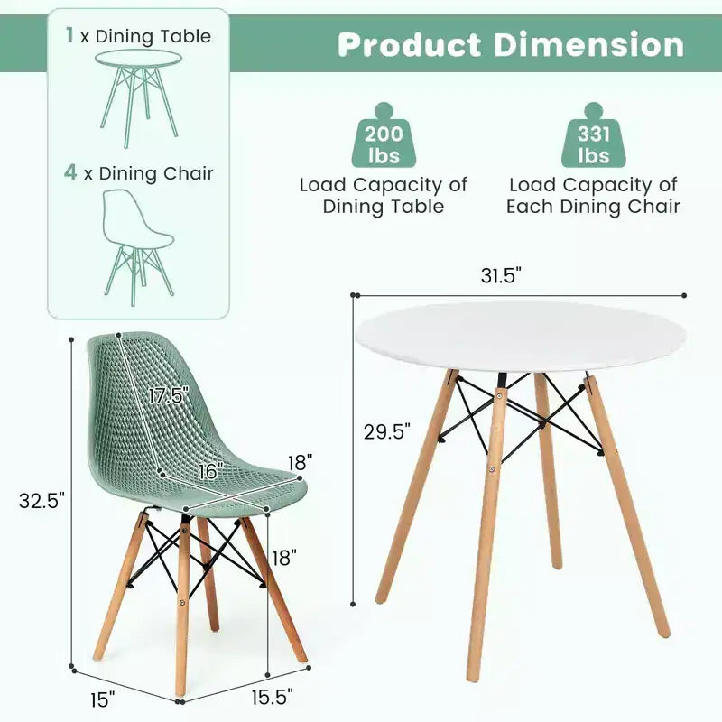 Costway 5 PCS Dining Table Set for 4 Persons Modern Round Table & 4 Chairs with Wood Leg Green/White