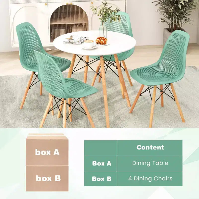 Costway 5 PCS Dining Table Set for 4 Persons Modern Round Table & 4 Chairs with Wood Leg Green/White