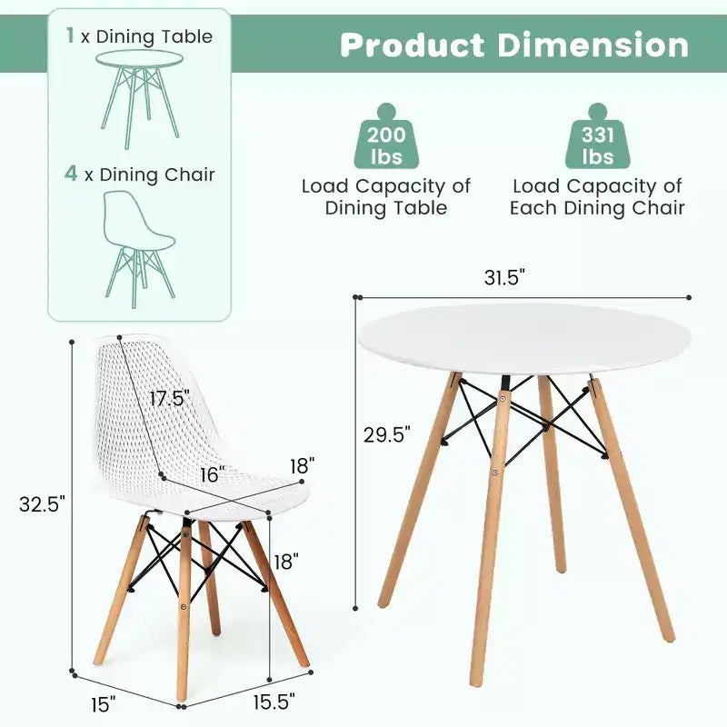 Costway 5 PCS Dining Table Set for 4 Persons Modern Round Table & 4 Chairs with Wood Leg Green/White