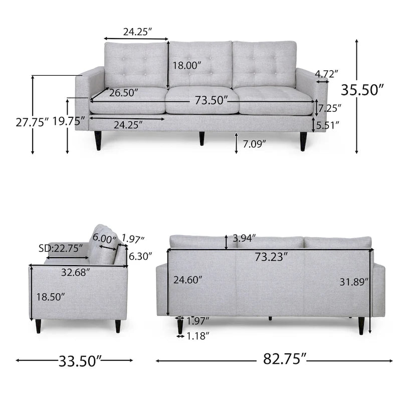 Canapé contemporain 3 places en tissu capitonné