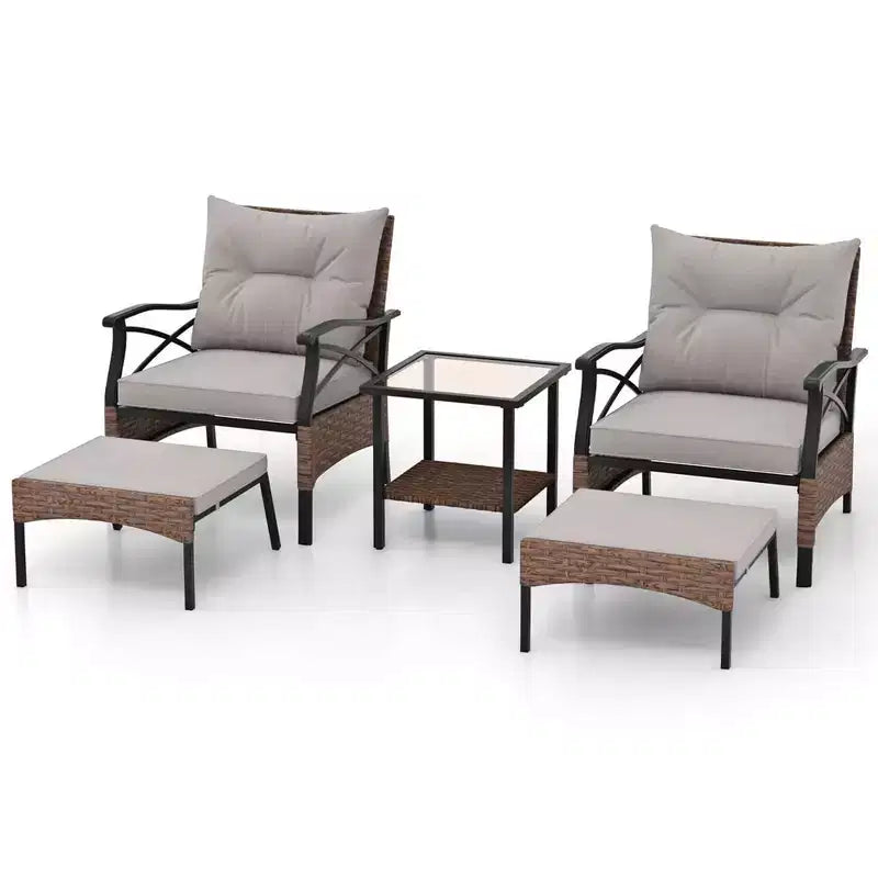 Costway 5 PCS Patio Furniture Set with 2-Tier Coffee Table & 2 Ottomans Cushions Included