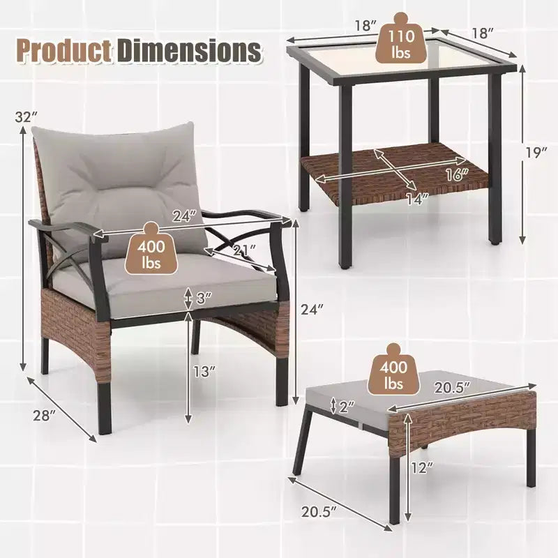 Costway 5 PCS Patio Furniture Set with 2-Tier Coffee Table & 2 Ottomans Cushions Included