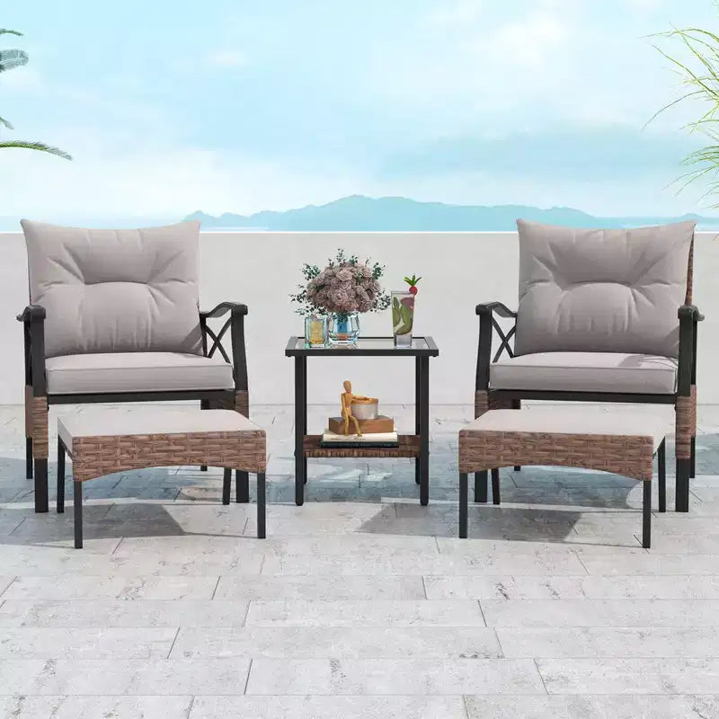 Costway 5 PCS Patio Furniture Set with 2-Tier Coffee Table & 2 Ottomans Cushions Included