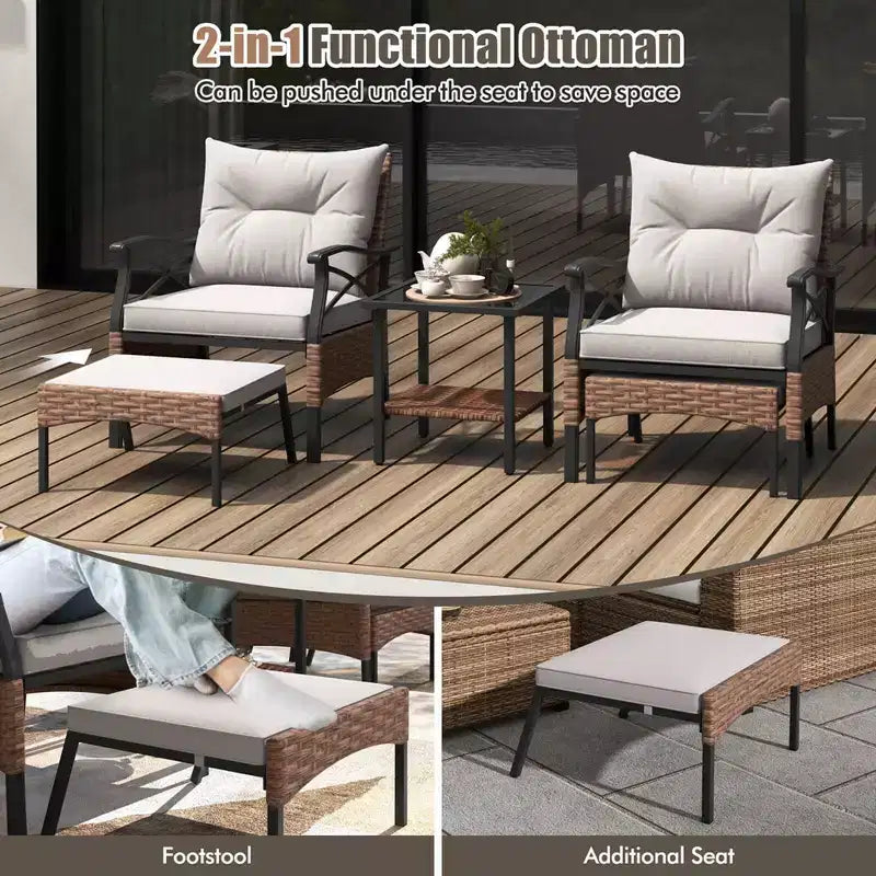Costway 5 PCS Patio Furniture Set with 2-Tier Coffee Table & 2 Ottomans Cushions Included