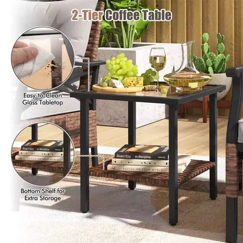 Costway 5 PCS Patio Furniture Set with 2-Tier Coffee Table & 2 Ottomans Cushions Included