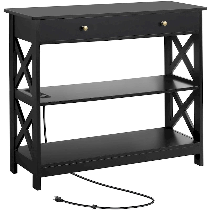Console en bois avec prise électrique et étagères de rangement
