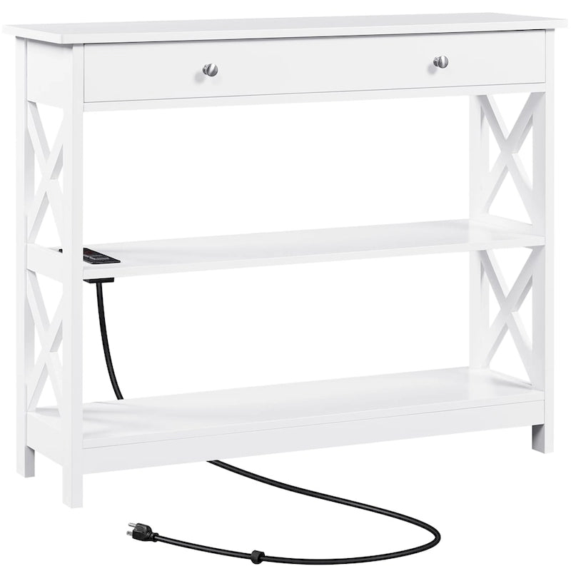 Console en bois avec prise électrique et étagères de rangement