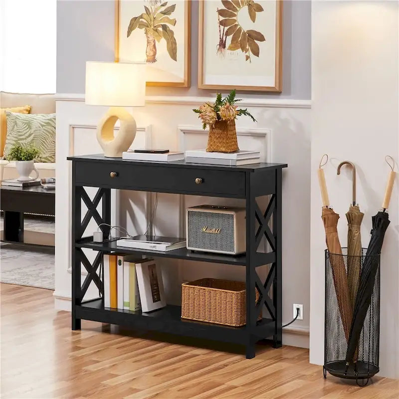 Console en bois avec prise électrique et étagères de rangement