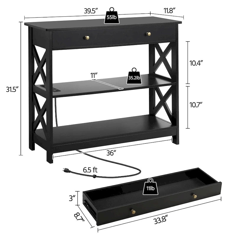 Console en bois avec prise électrique et étagères de rangement
