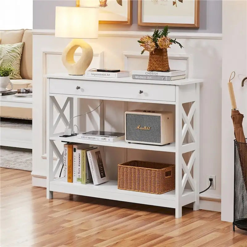 Console en bois avec prise électrique et étagères de rangement