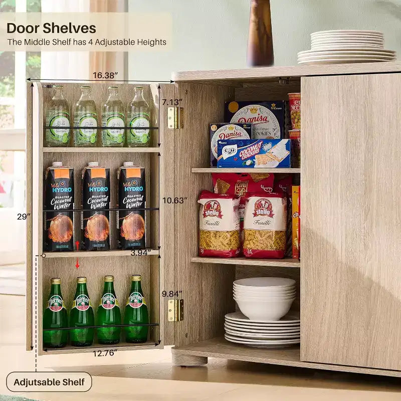Kitchen Buffet Sideboard Cabinet with 4 Doors and Shelves, Modern Large Sideboard Buffet Storage Cabinet, 66 Coffee Bar Storage Cabinet