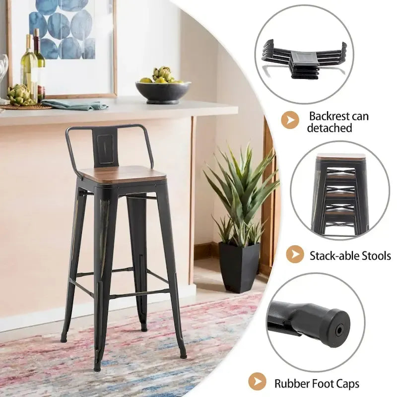 Tabourets de bar noirs avec dossier, 61 ou 66 cm
