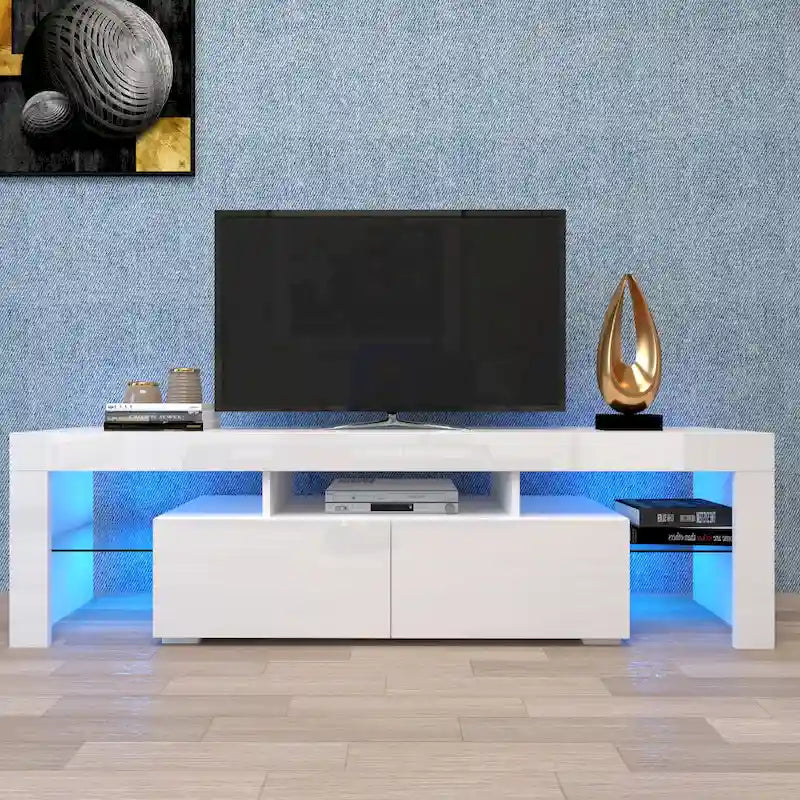 Meuble TV blanc avec lumières LED pour téléviseurs jusqu'à 70 pouces