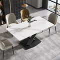 Table à manger moderne de 160 cm avec plateau en pierre frittée blanche et piètement en acier violet