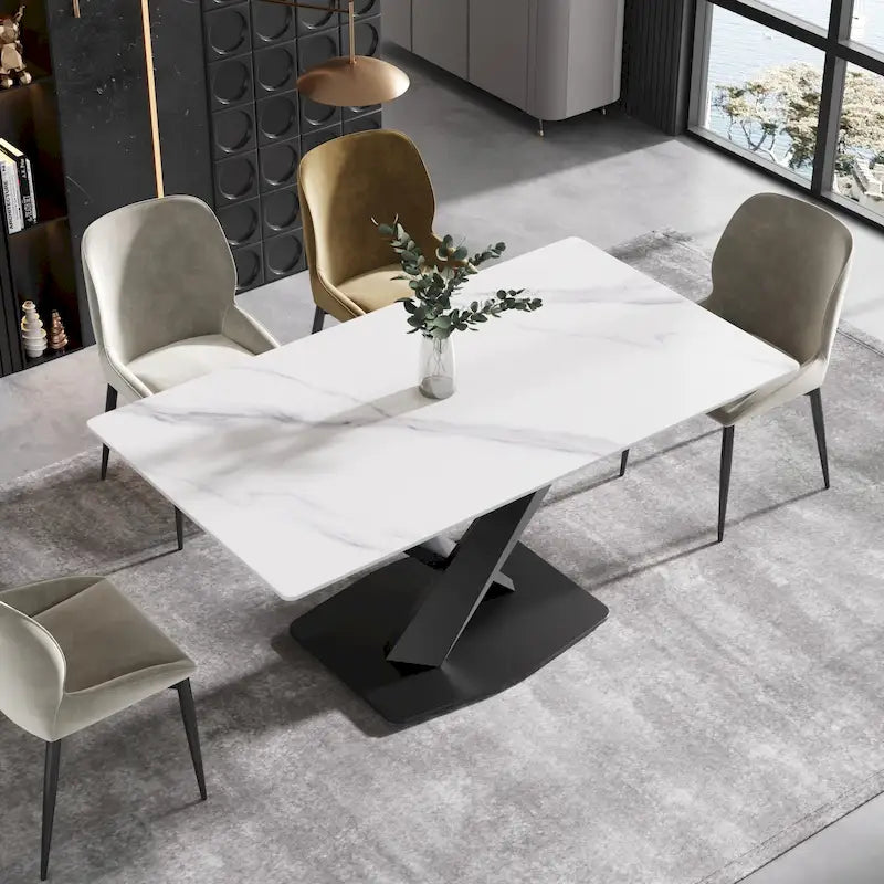 Table à manger moderne de 160 cm avec plateau en pierre frittée blanche et piètement en acier violet