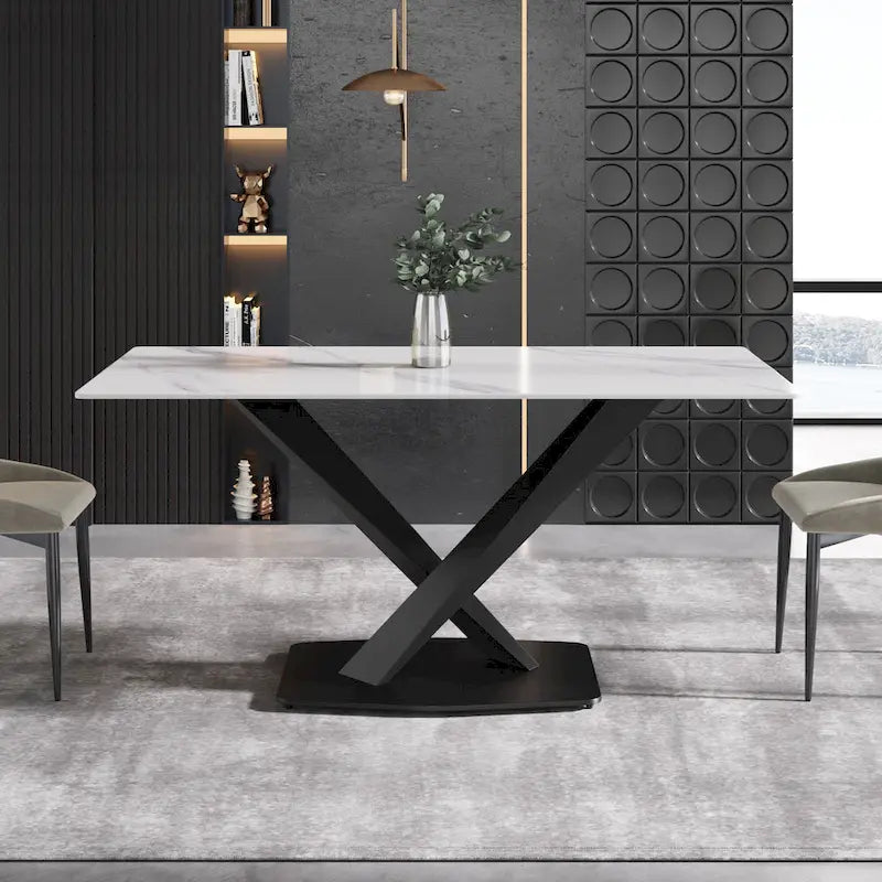 Table à manger moderne de 160 cm avec plateau en pierre frittée blanche et piètement en acier violet