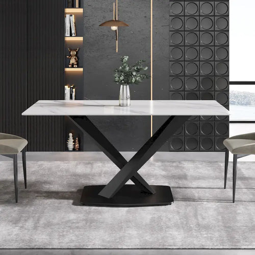 Table à manger moderne de 160 cm avec plateau en pierre frittée blanche et piètement en acier violet