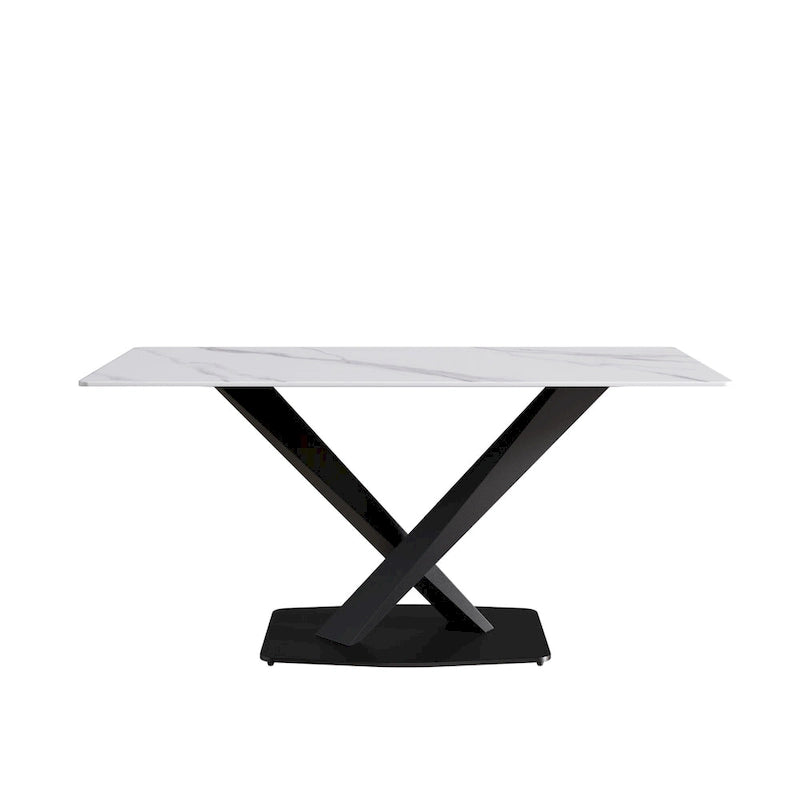 Table à manger moderne de 160 cm avec plateau en pierre frittée blanche et piètement en acier violet