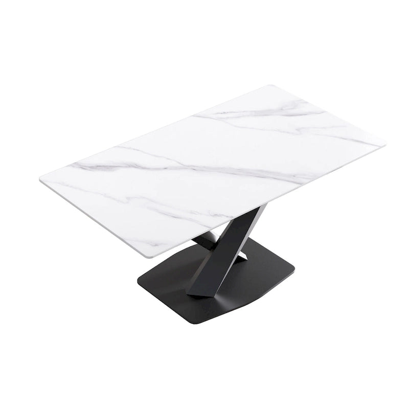 Table à manger moderne de 160 cm avec plateau en pierre frittée blanche et piètement en acier violet
