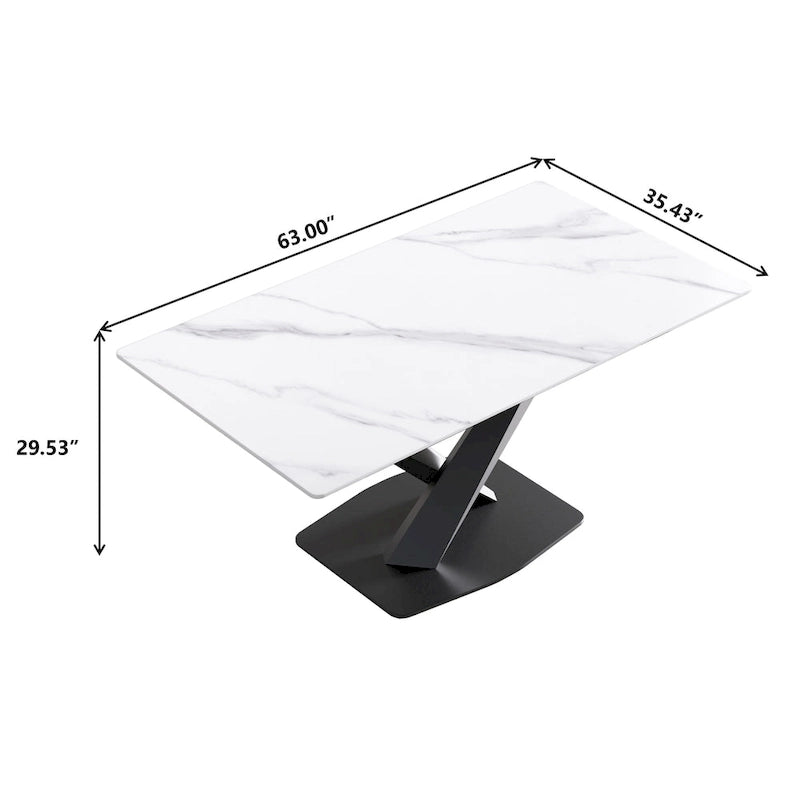 Table à manger moderne de 160 cm avec plateau en pierre frittée blanche et piètement en acier violet