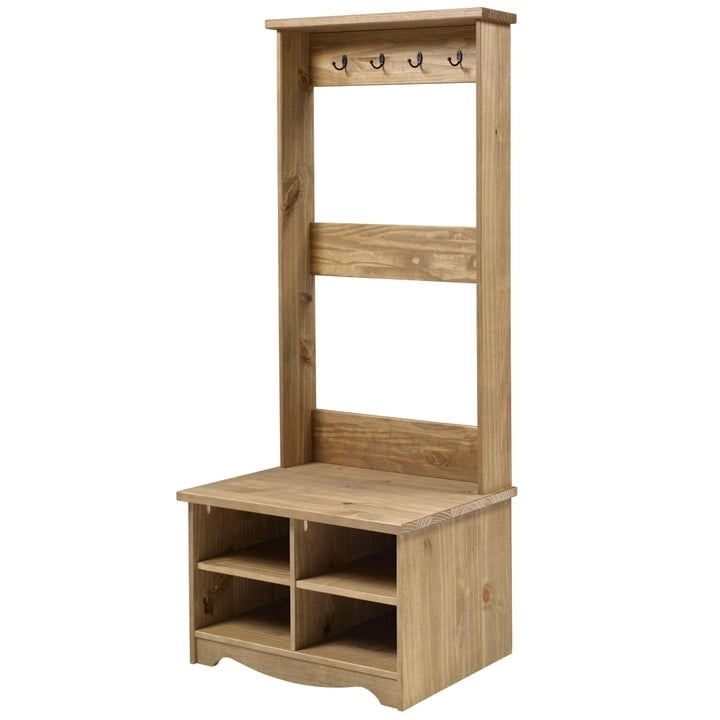 Porte-manteau d'entrée en pin massif gris avec banc et patères