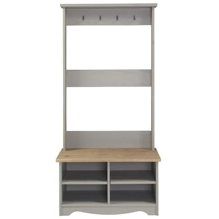 Porte-manteau d'entrée en pin massif gris avec banc et patères