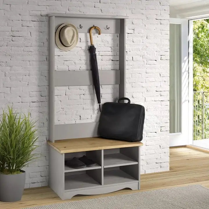 Porte-manteau d'entrée en pin massif gris avec banc et patères