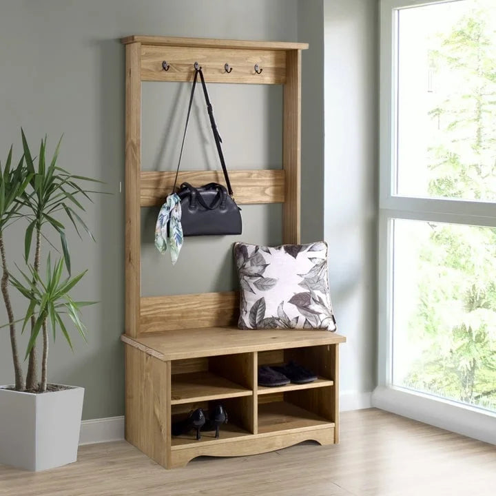 Porte-manteau d'entrée en pin massif gris avec banc et patères