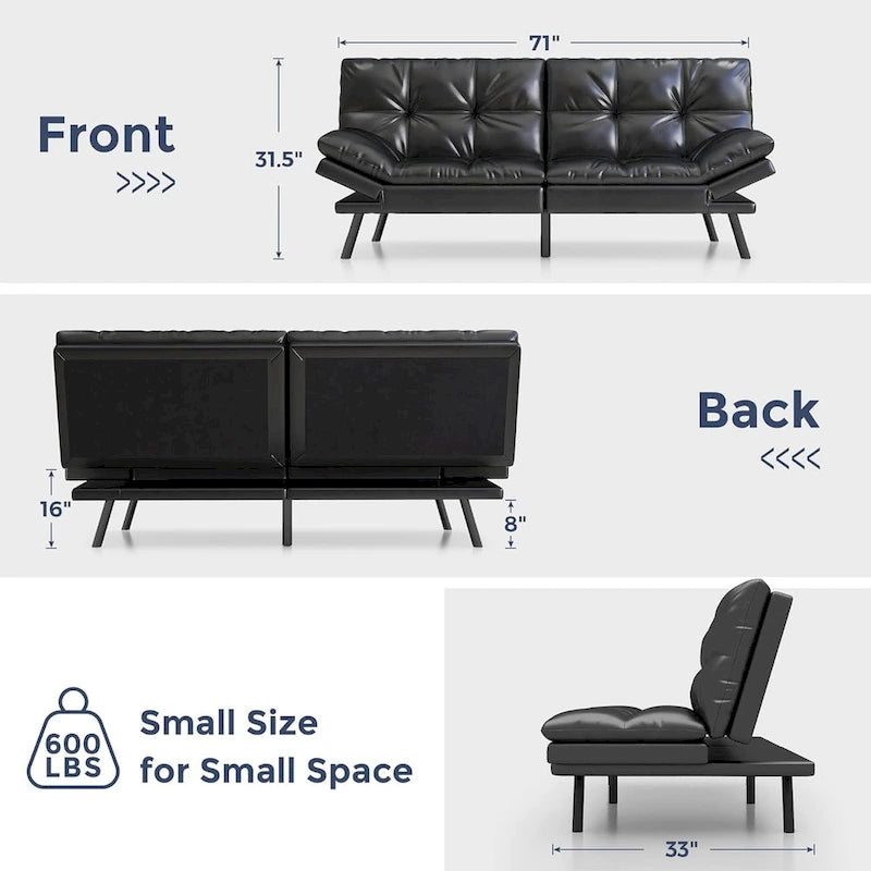 Canapé-lit futon avec mousse à mémoire de forme et accoudoirs réglables pour les petits espaces