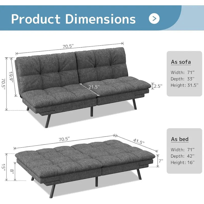 Canapé-lit futon avec mousse à mémoire de forme et accoudoirs réglables pour les petits espaces