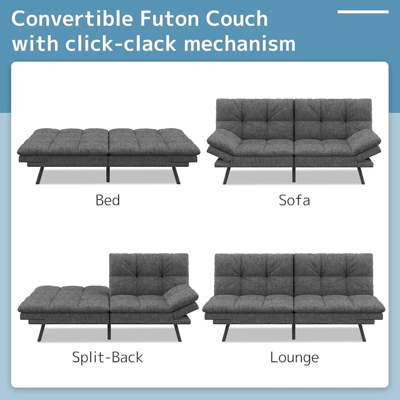 Canapé-lit futon avec mousse à mémoire de forme et accoudoirs réglables pour les petits espaces