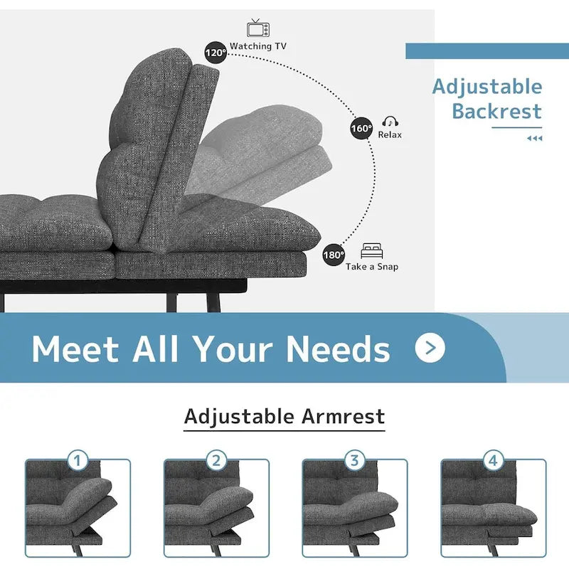 Canapé-lit futon avec mousse à mémoire de forme et accoudoirs réglables pour les petits espaces