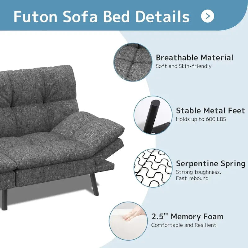 Canapé-lit futon avec mousse à mémoire de forme et accoudoirs réglables pour les petits espaces