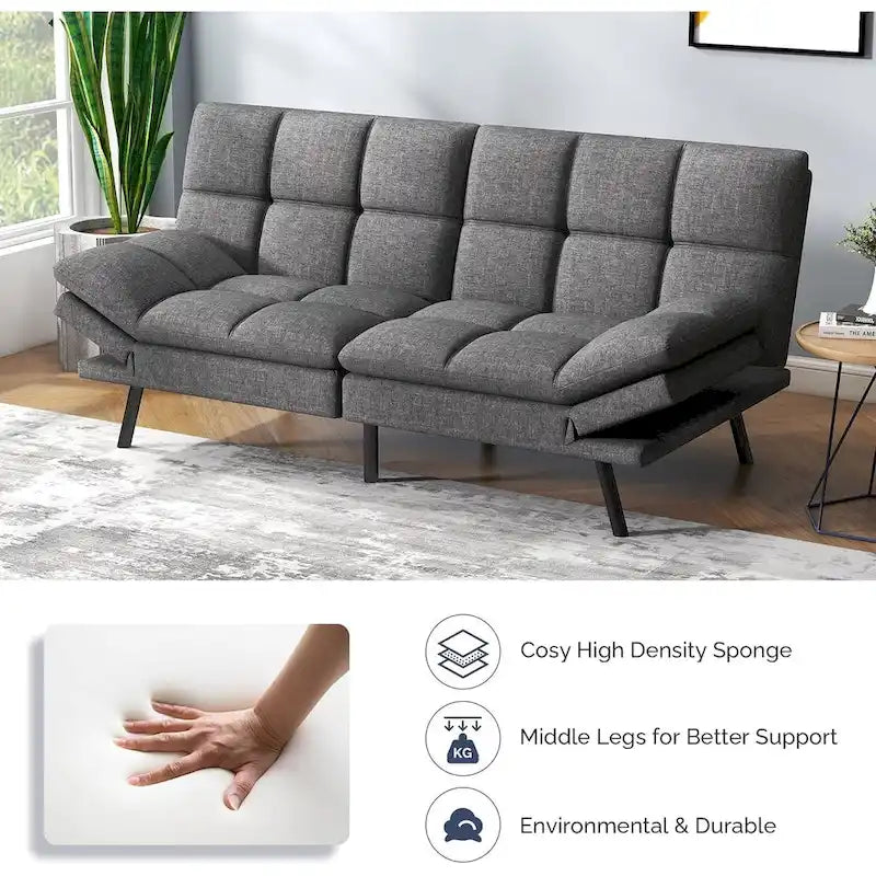 Canapé-lit futon avec mousse à mémoire de forme et accoudoirs réglables pour les petits espaces