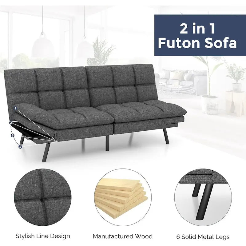 Canapé-lit futon avec mousse à mémoire de forme et accoudoirs réglables pour les petits espaces