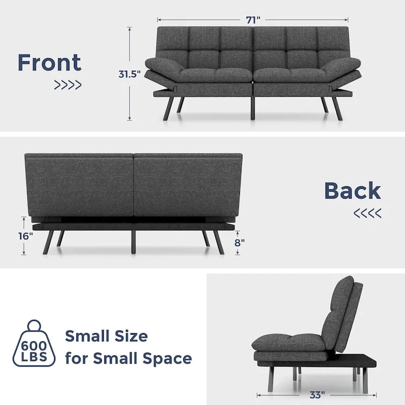 Canapé-lit futon avec mousse à mémoire de forme et accoudoirs réglables pour les petits espaces