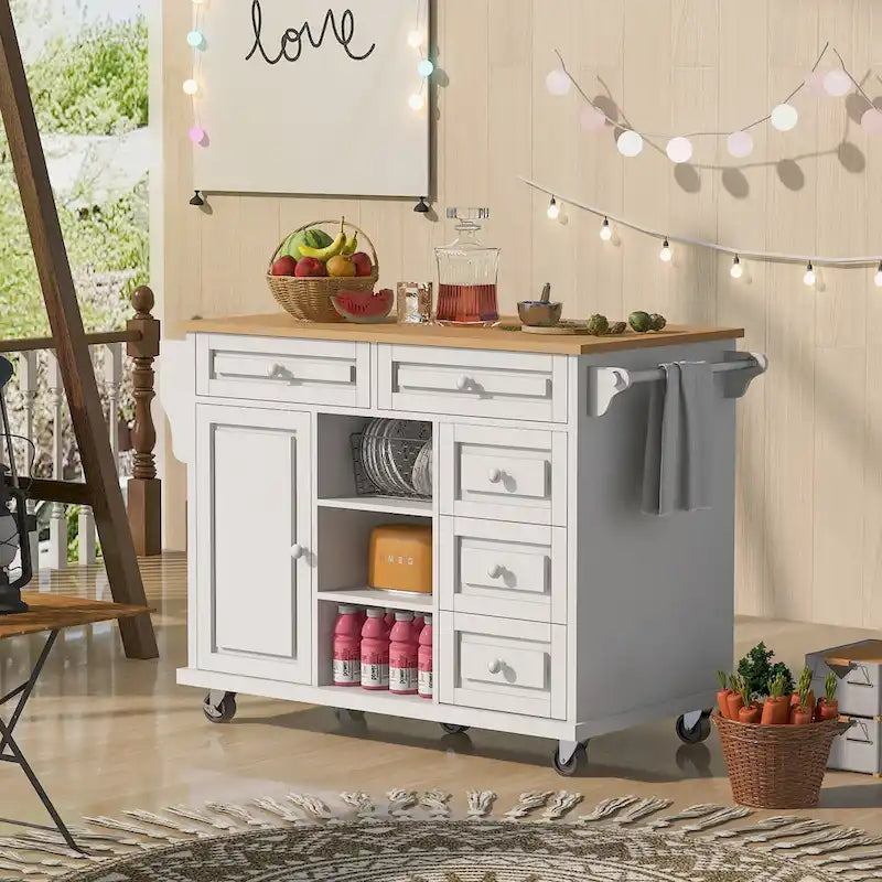 Îlot de cuisine roulant de 134,1 cm avec rangement et 5 tiroirs