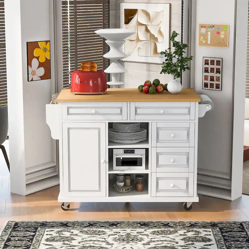 Îlot de cuisine roulant de 134,1 cm avec rangement et 5 tiroirs