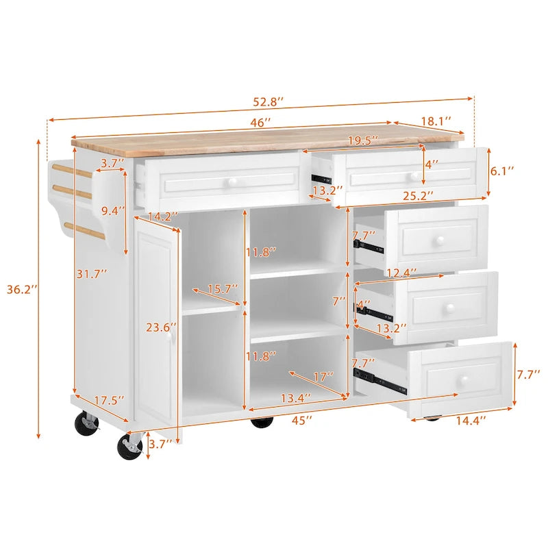 Îlot de cuisine roulant de 134,1 cm avec rangement et 5 tiroirs