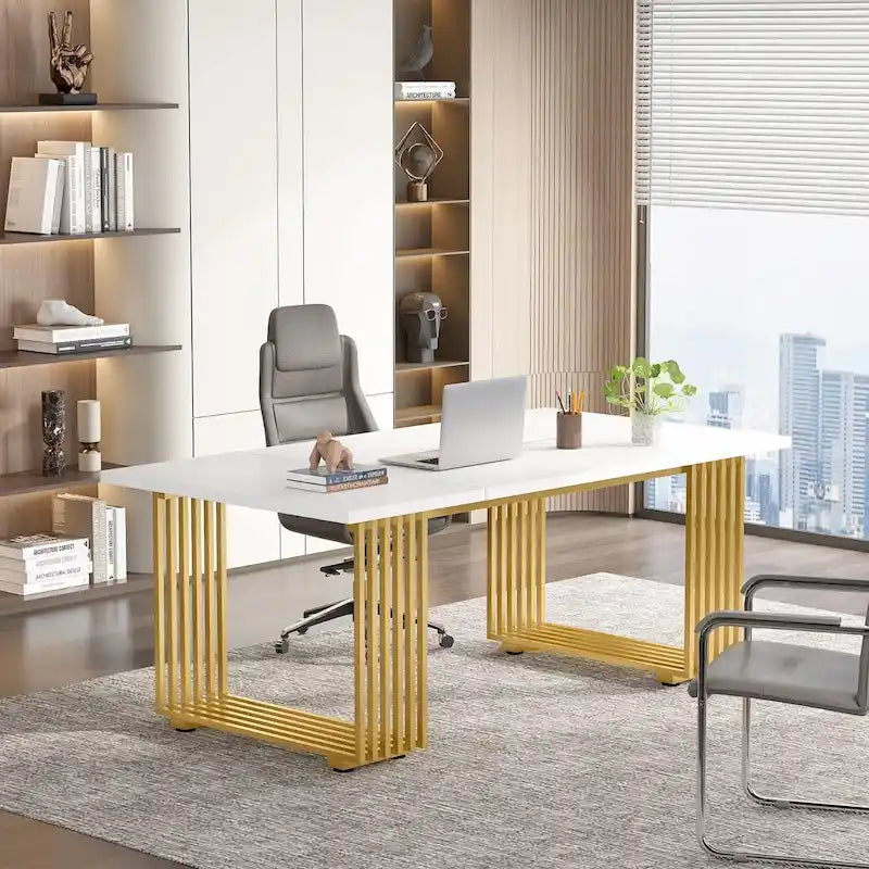 Bureau de direction moderne de 70,9 pouces avec pieds en métal doré