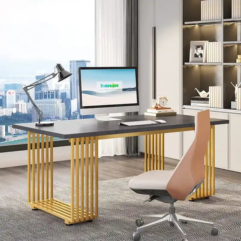 Bureau de direction moderne de 70,9 pouces avec pieds en métal doré