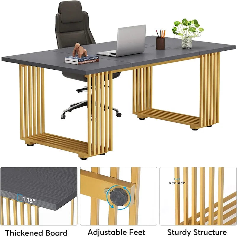 Bureau de direction moderne de 70,9 pouces avec pieds en métal doré
