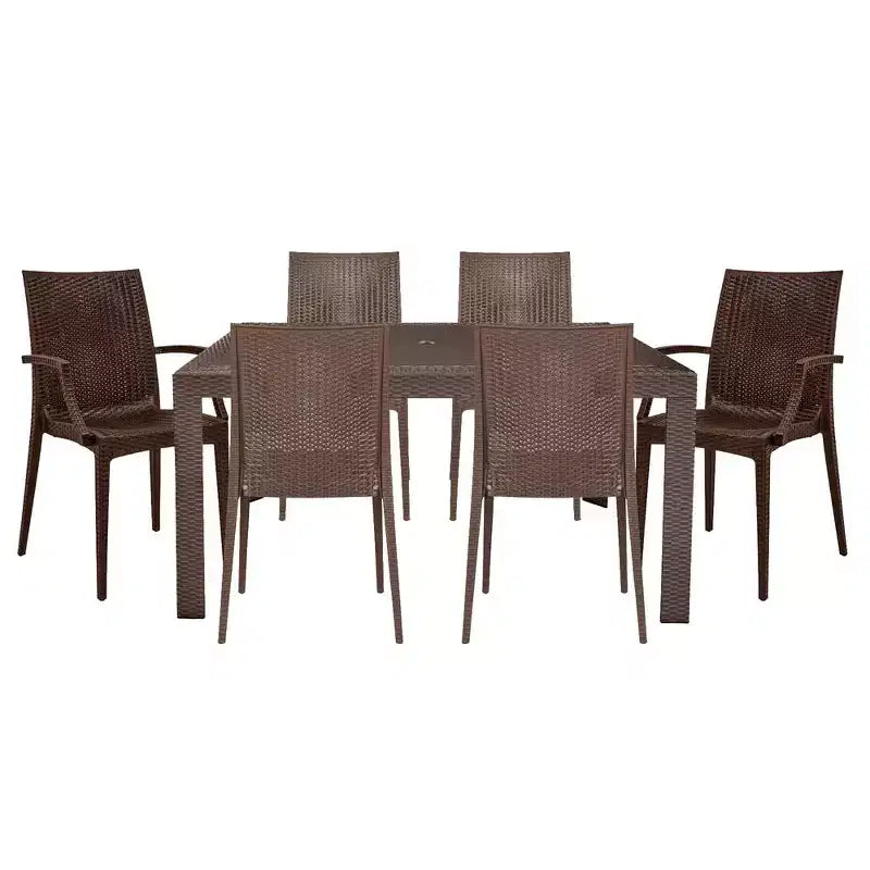 Ensemble de salle à manger d'extérieur rectangulaire 7 pièces LeisureMod Mace Mid-Century avec 4 chaises d'appoint et 2 fauteuils
