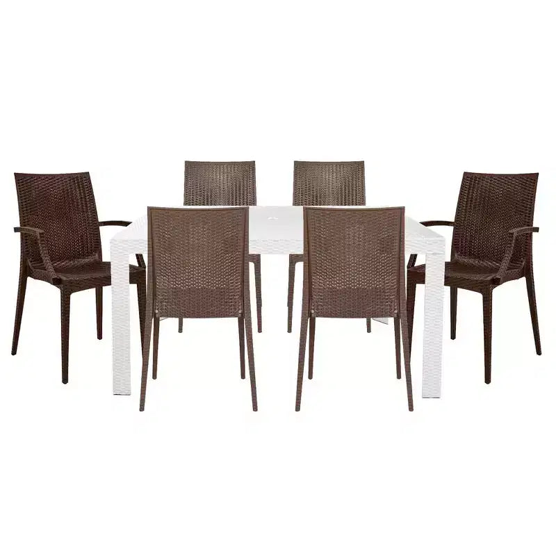 Ensemble de salle à manger d'extérieur rectangulaire 7 pièces LeisureMod Mace Mid-Century avec 4 chaises d'appoint et 2 fauteuils