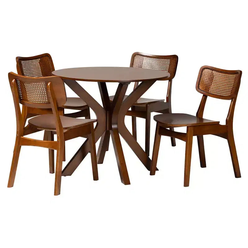 Baxton Studio Linnet Mid-Century Modern Wood and Rattan 5-Piece Dining Set