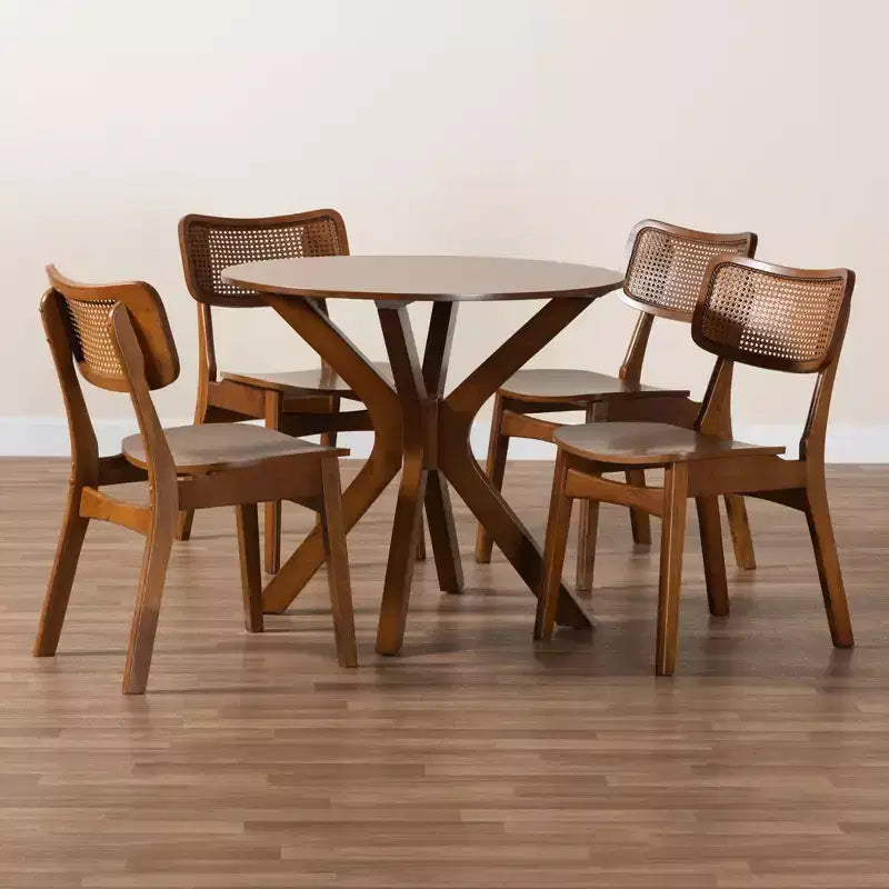 Baxton Studio Linnet Mid-Century Modern Wood and Rattan 5-Piece Dining Set