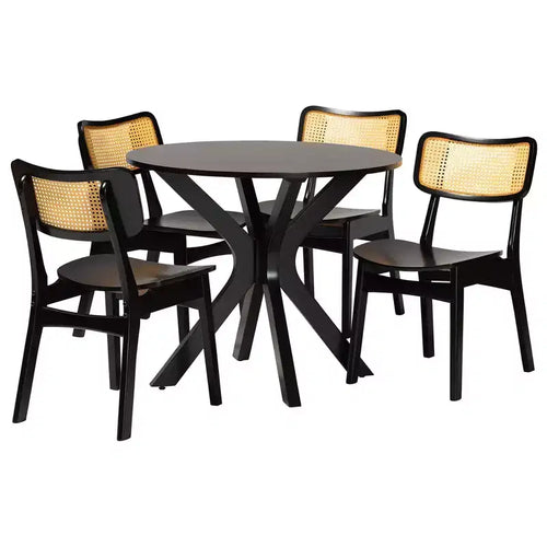 Ensemble de salle à manger 5 pièces Baxton Studio Linnet en bois et rotin de style moderne du milieu du siècle