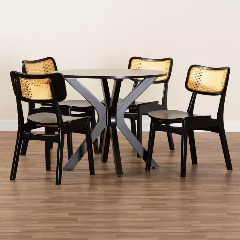 Baxton Studio Linnet Mid-Century Modern Wood and Rattan 5-Piece Dining Set